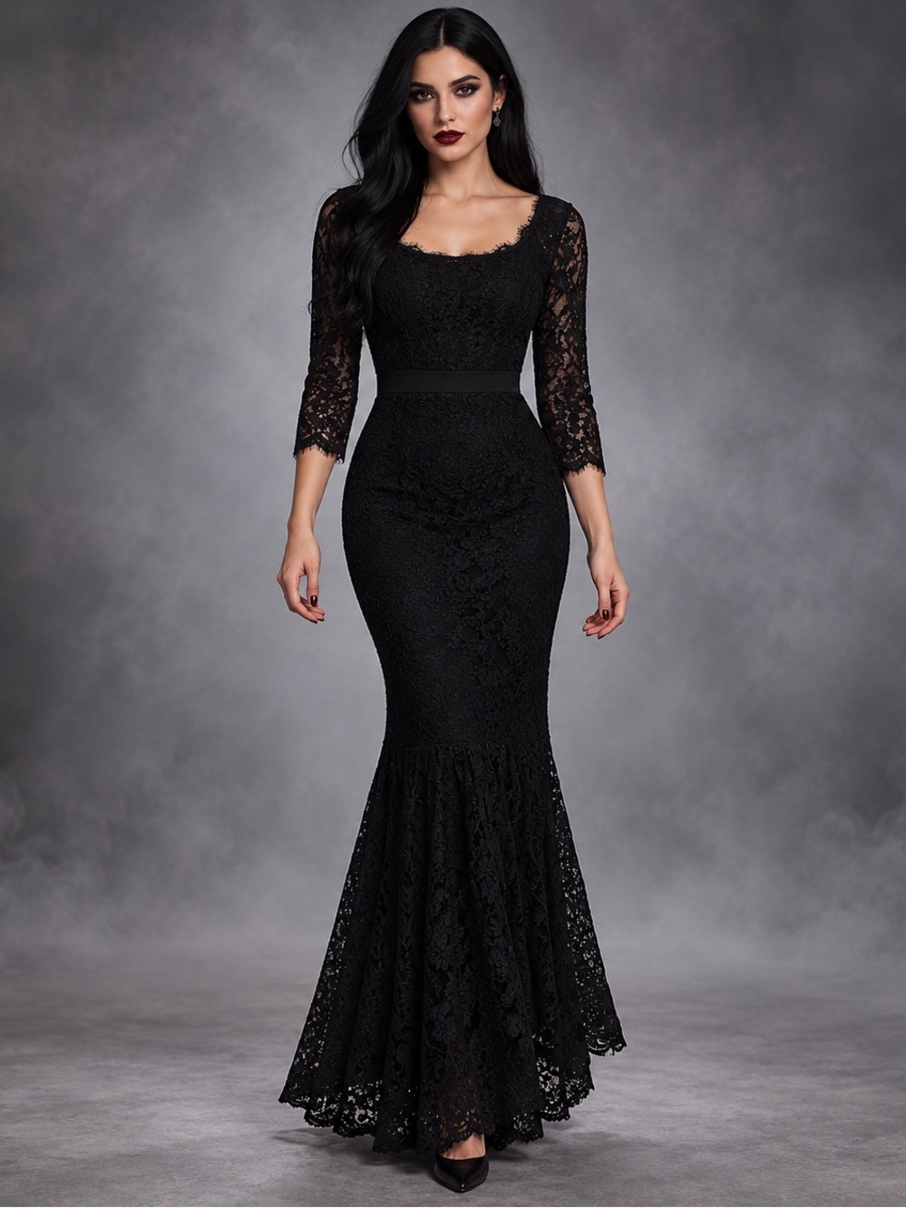 Black Lace Mermaid Maxi Dress Gothic Morticia Inspired Halloween Gown XS X small